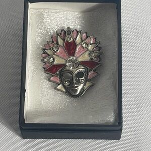 Vintage Mardi Gras Harlequin Mask Brooch Pink Red Rhinestones 1.5”
